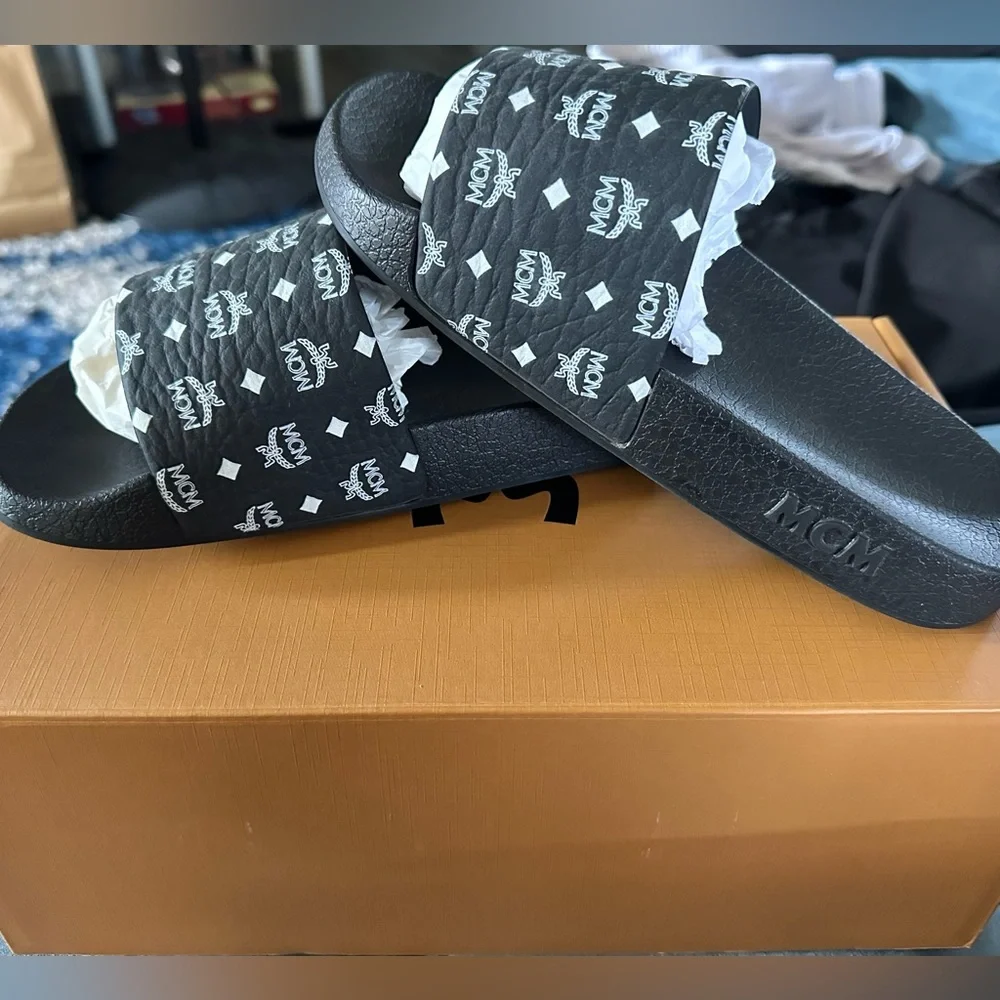 MCM Black Slide Sandals with Iconic Logo - Picture 2 of 6
